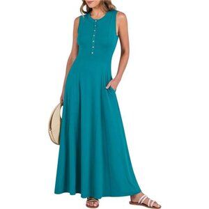 Women Casual Sleeveless Maxi Sundress Button Fit & Flare A-Line Flowy Long Dress
